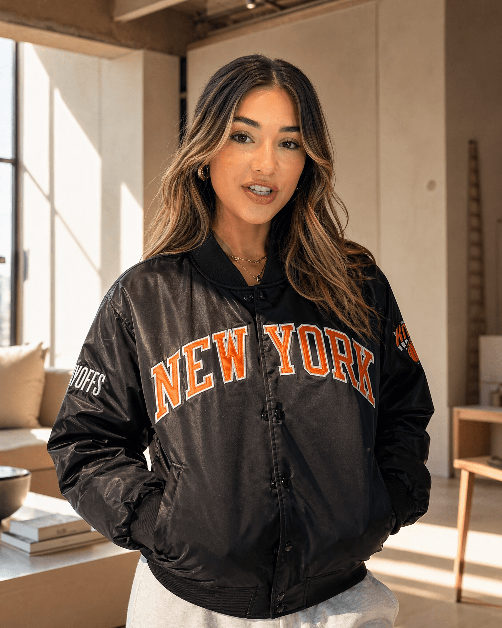 Kith New York Knicks bomber jacket lifestyle shot